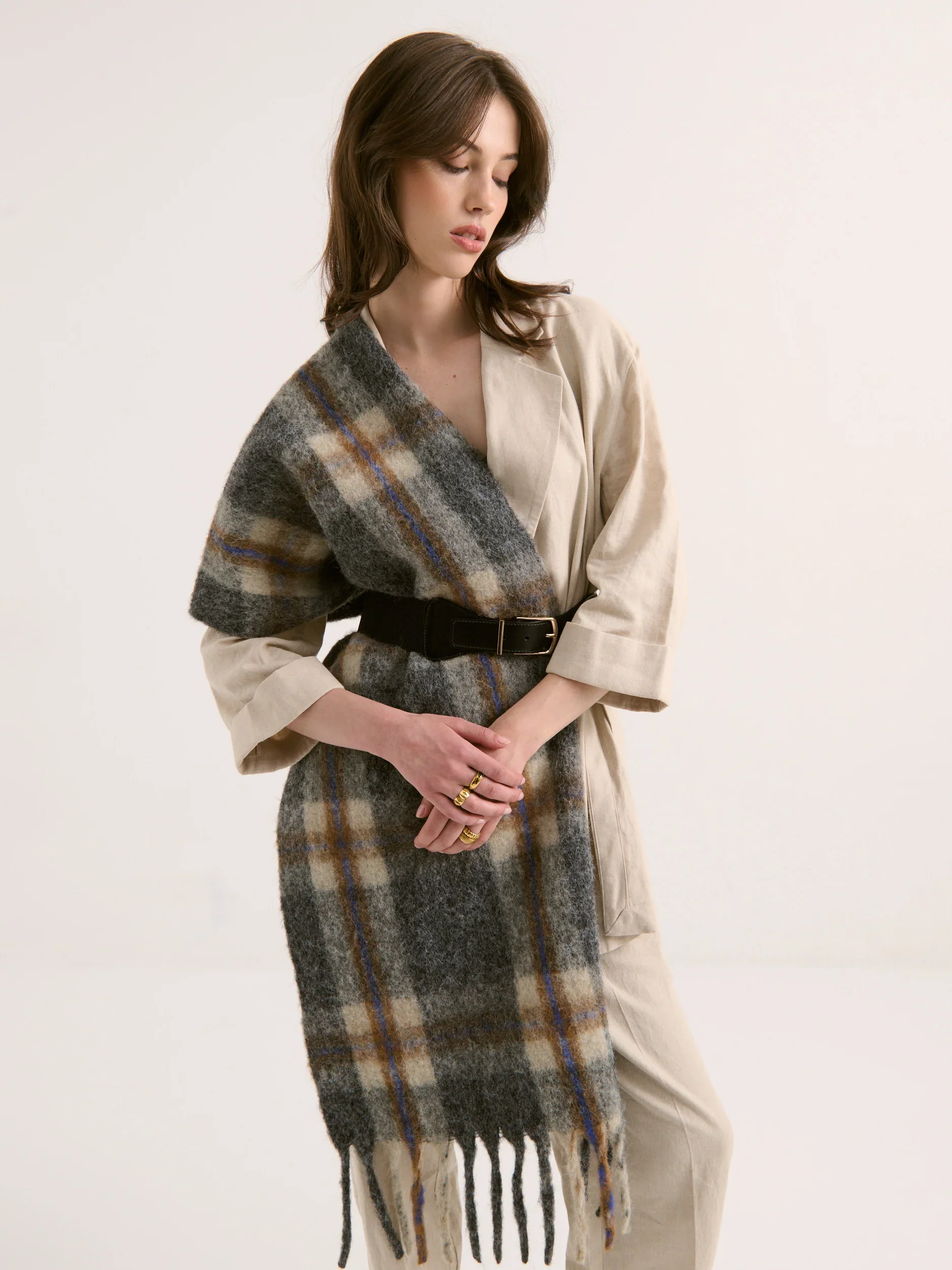 Angels Whisper - Classic Check Fluffy Scarf - Grey - Image 3