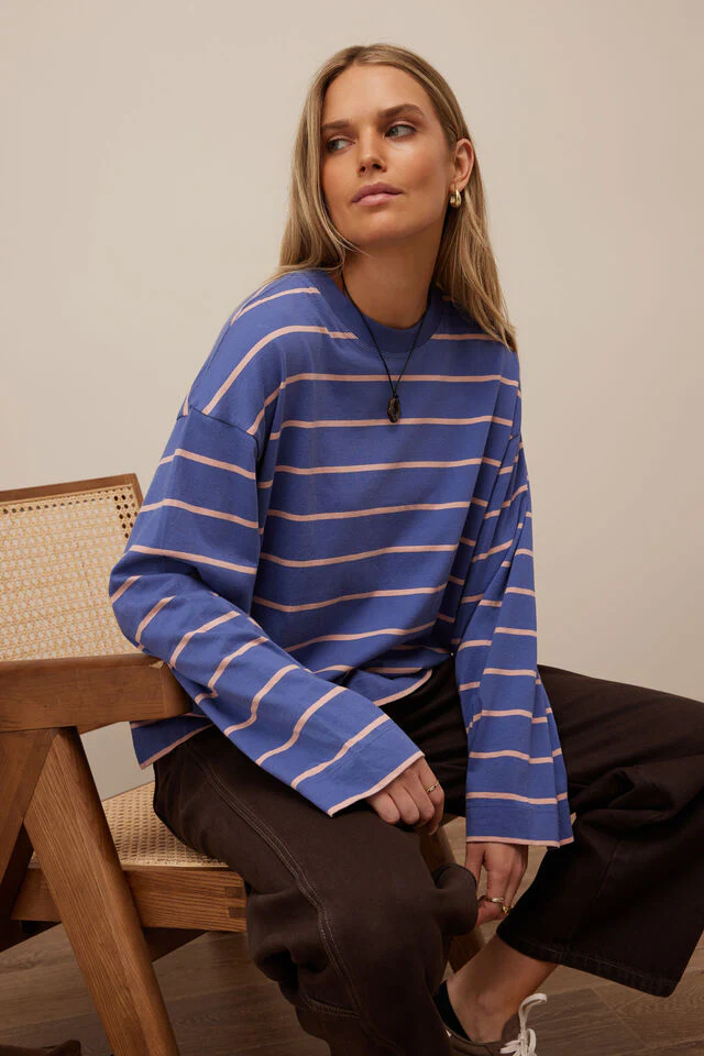Ceres Life - Beau Long Sleeve Slouchy Tee - Washed Navy/Pink Clay