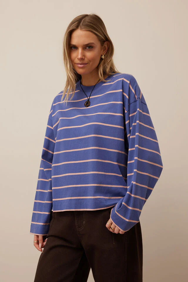 Ceres Life - Beau Long Sleeve Slouchy Tee - Washed Navy/Pink Clay - Image 2