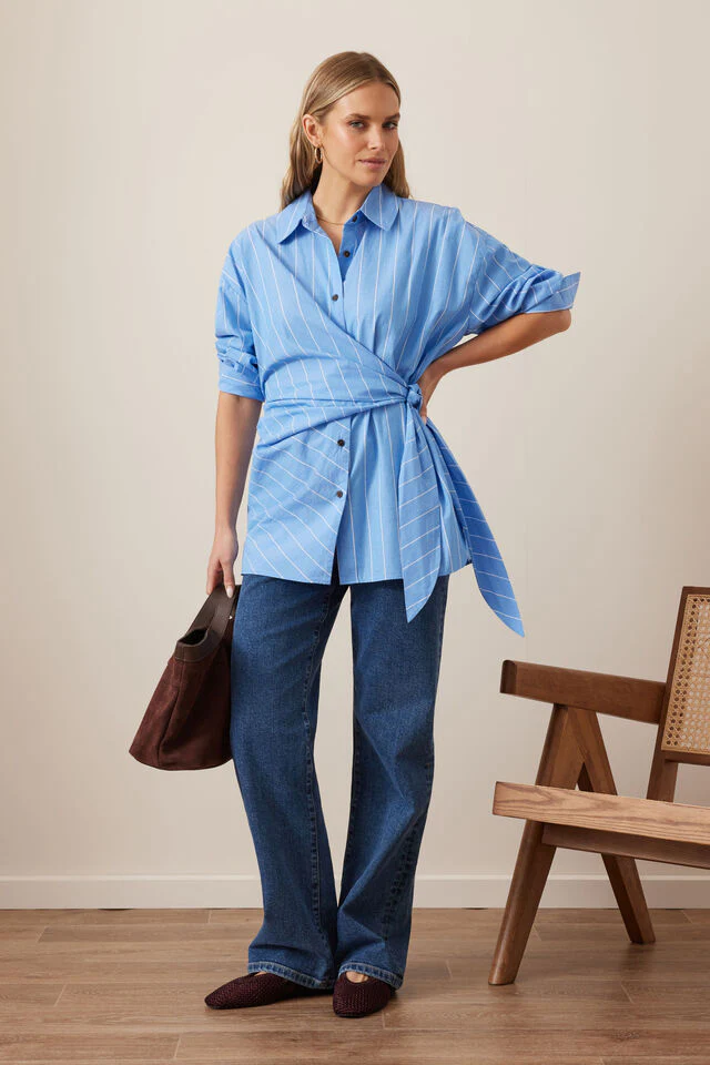 Ceres Life - Elodie Wrap Shirt - Amalfi Blue Stripe - Image 3