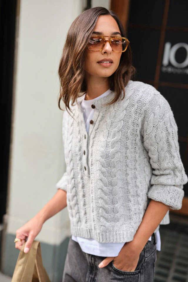 Ceres Life - Enid Cable Knit Henley - Silver Marle