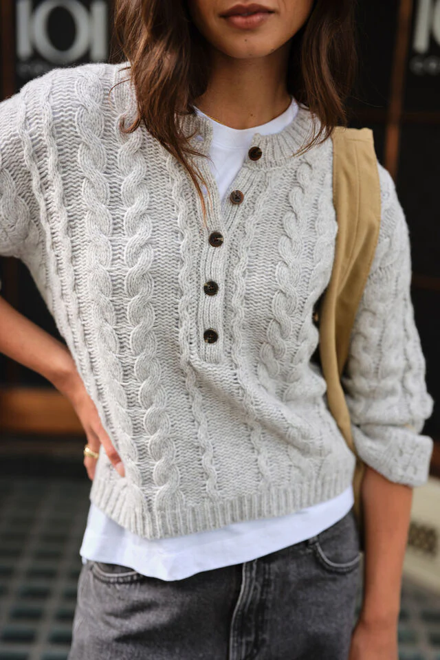 Ceres Life - Enid Cable Knit Henley - Silver Marle - Image 3