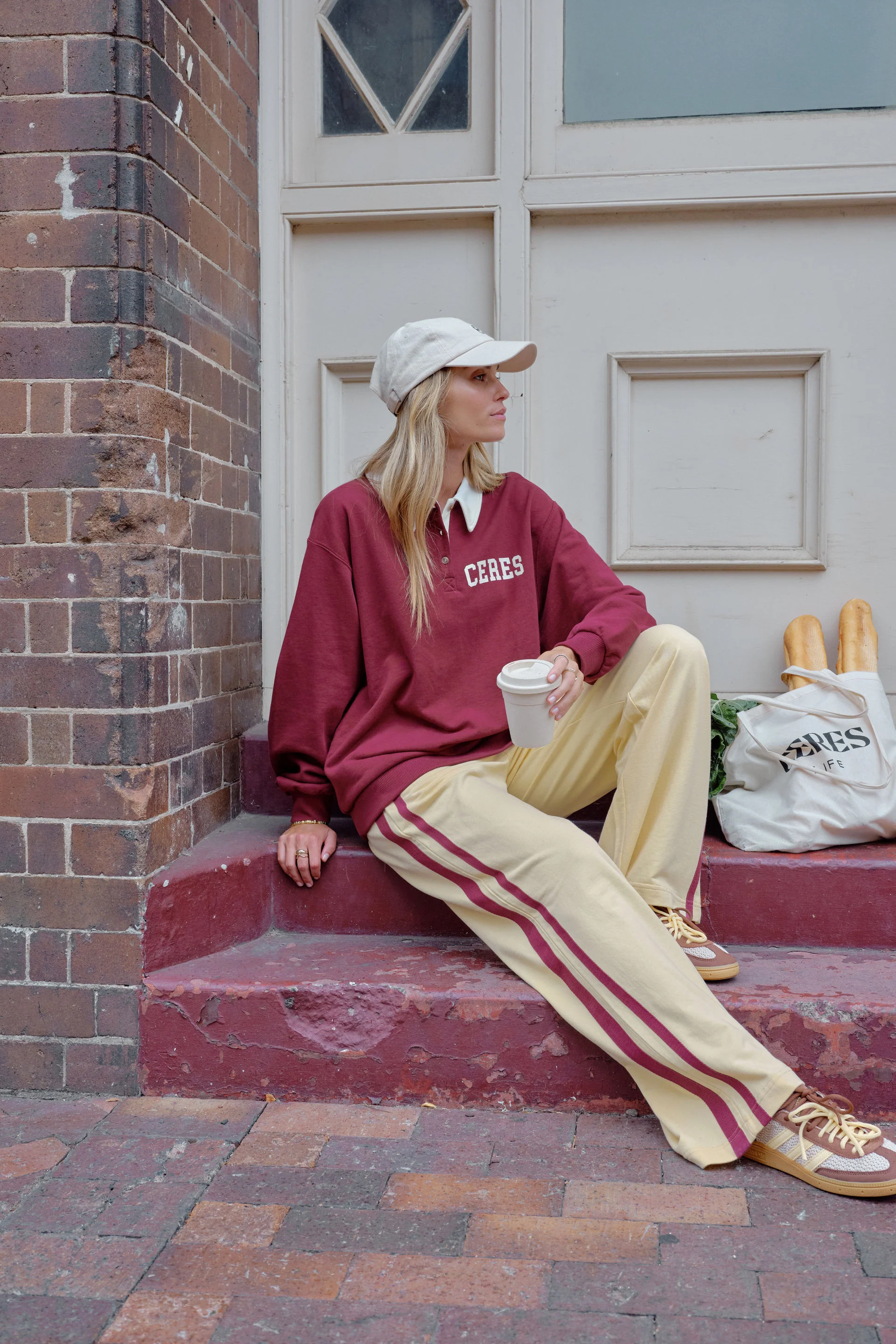 Ceres Life - Gigi Wide Leg Terry Trackpant - Butter Washed Burgundy Side Stripe - Image 3
