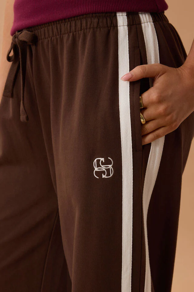 Ceres Life - Gigi Wide Leg Terry Trackpant - Chocolate Side Stripe - Image 3