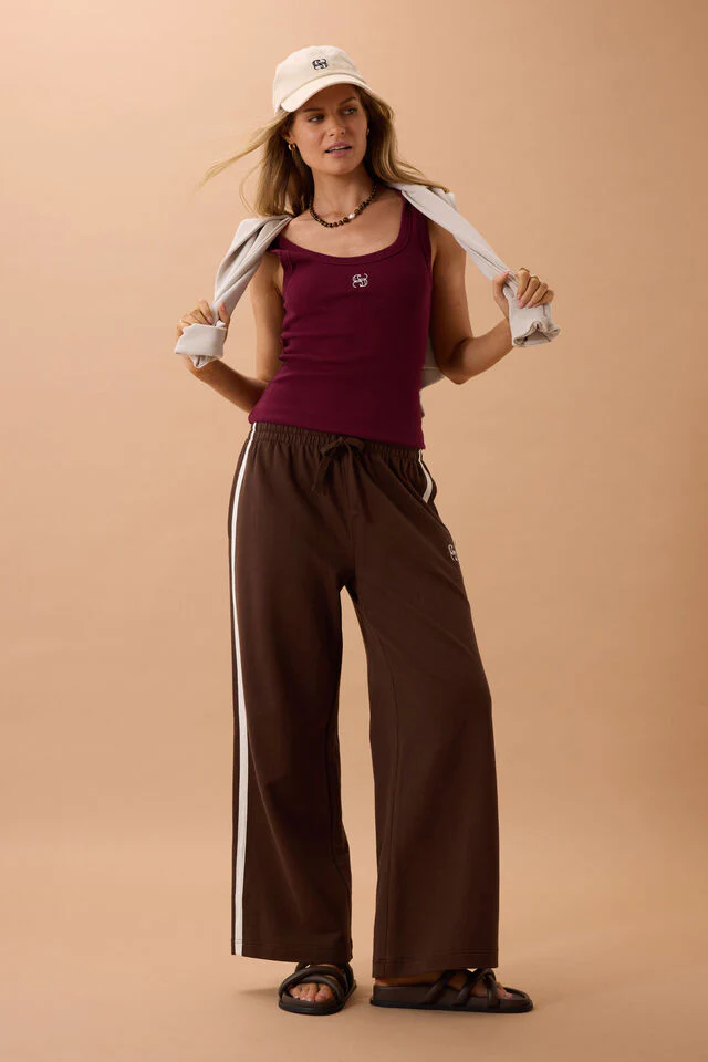 Ceres Life - Gigi Wide Leg Terry Trackpant - Chocolate Side Stripe - Image 4