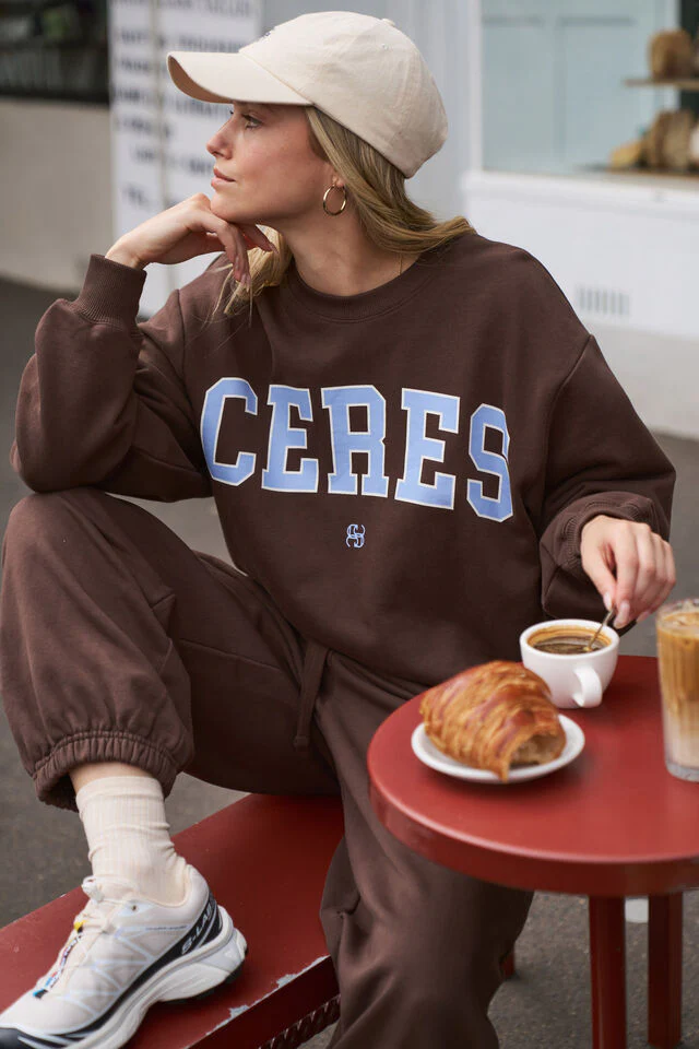 Ceres Life - Isla Oversized Slouchy Crew - Brunette Brown Buff Sky Blue Heritage Logo