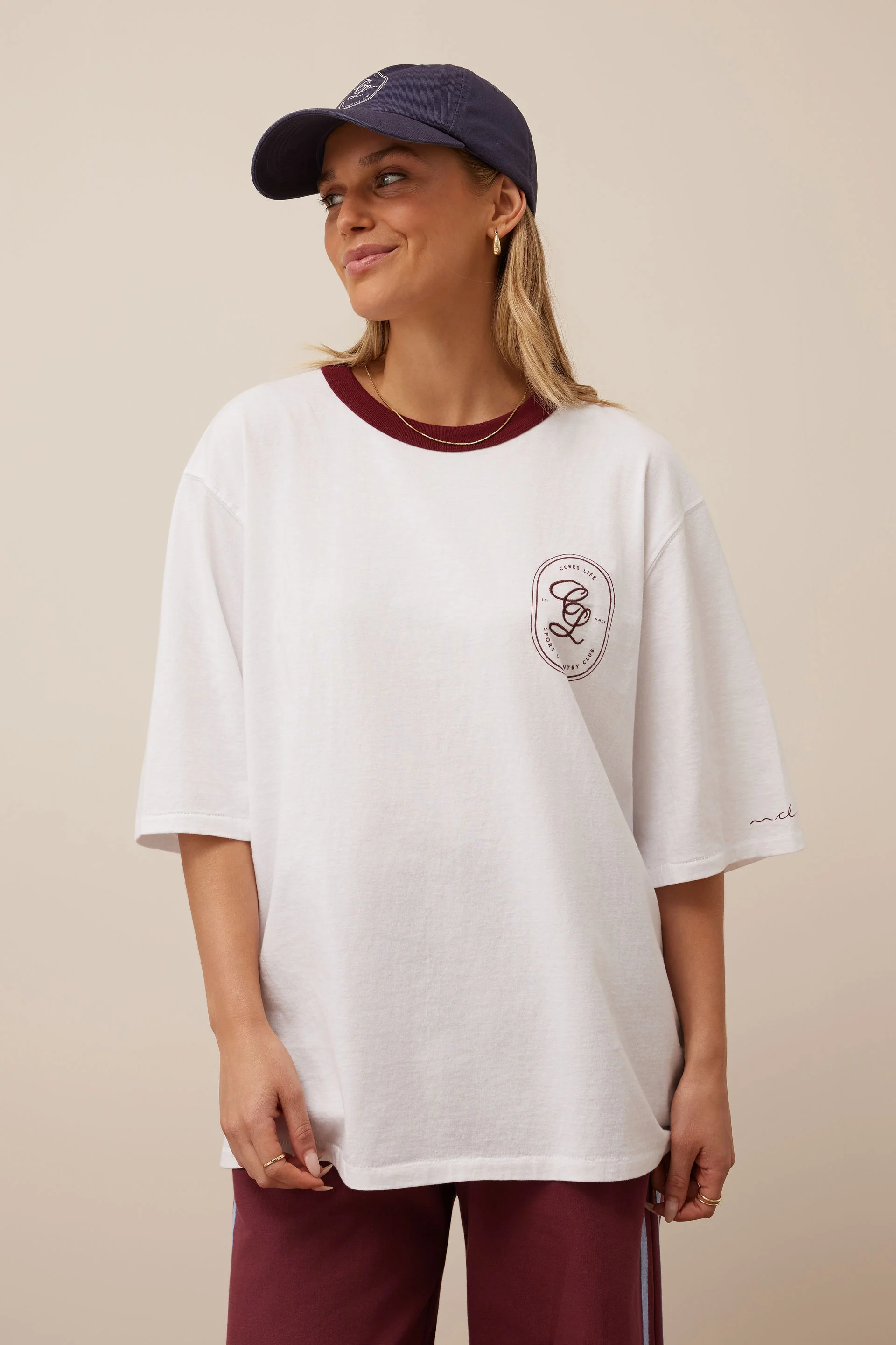 Ceres Life - Liv Oversized Tee - White/Burgundy Sport Club