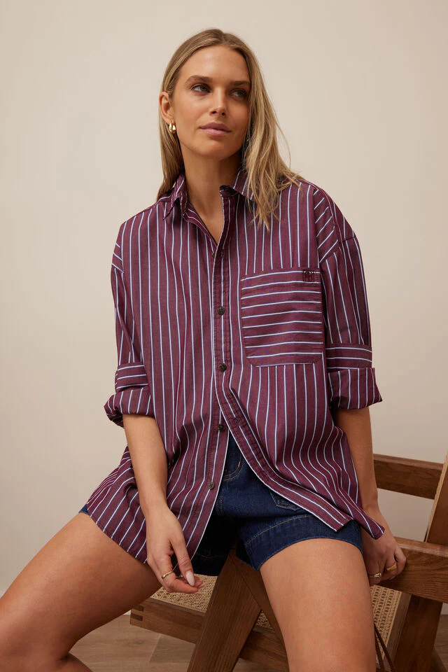 Ceres Life - Peta Oversized Shirt - Burgundy Washed Navy Stripe