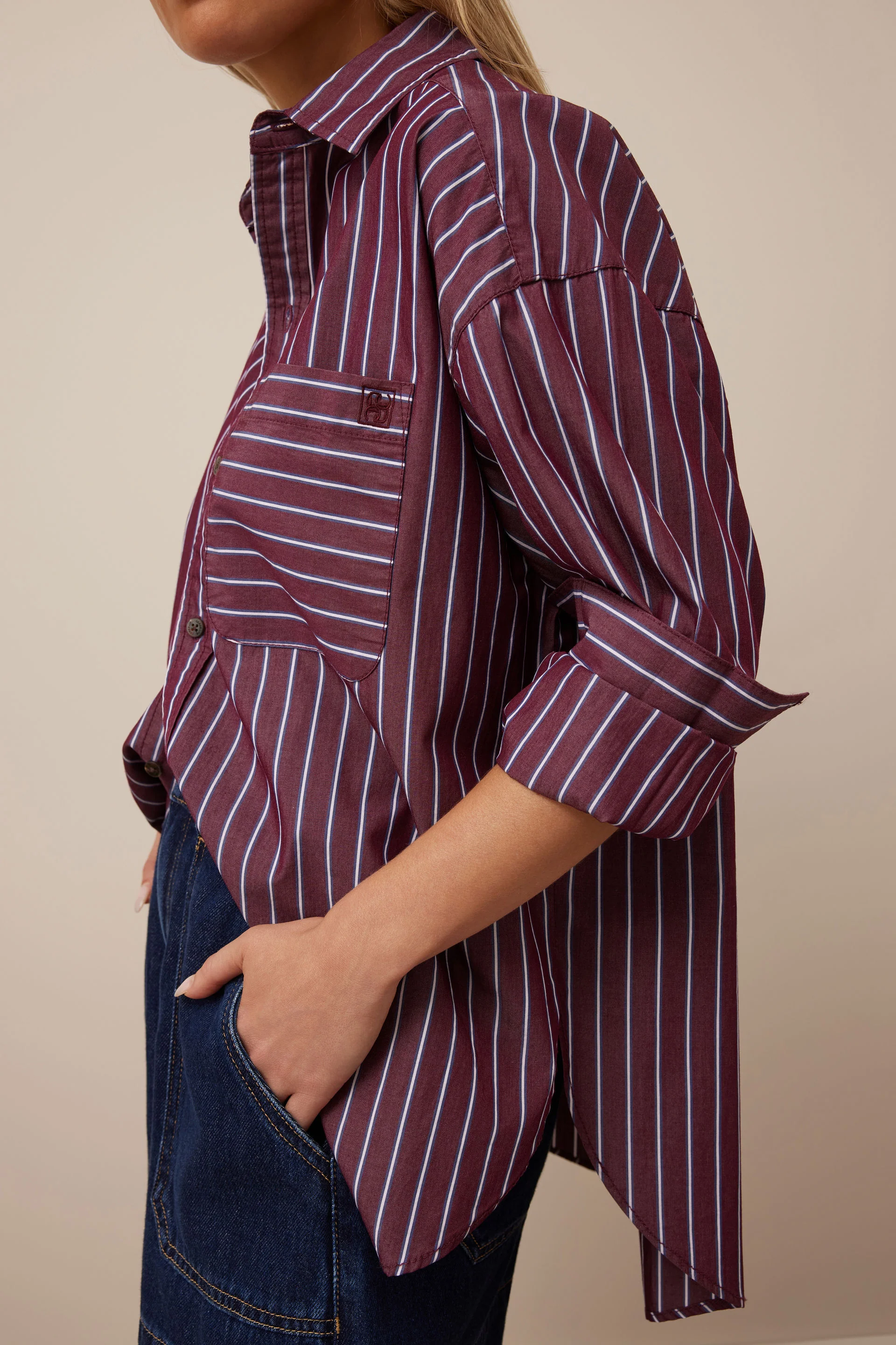 Ceres Life - Peta Oversized Shirt - Burgundy Washed Navy Stripe - Image 2