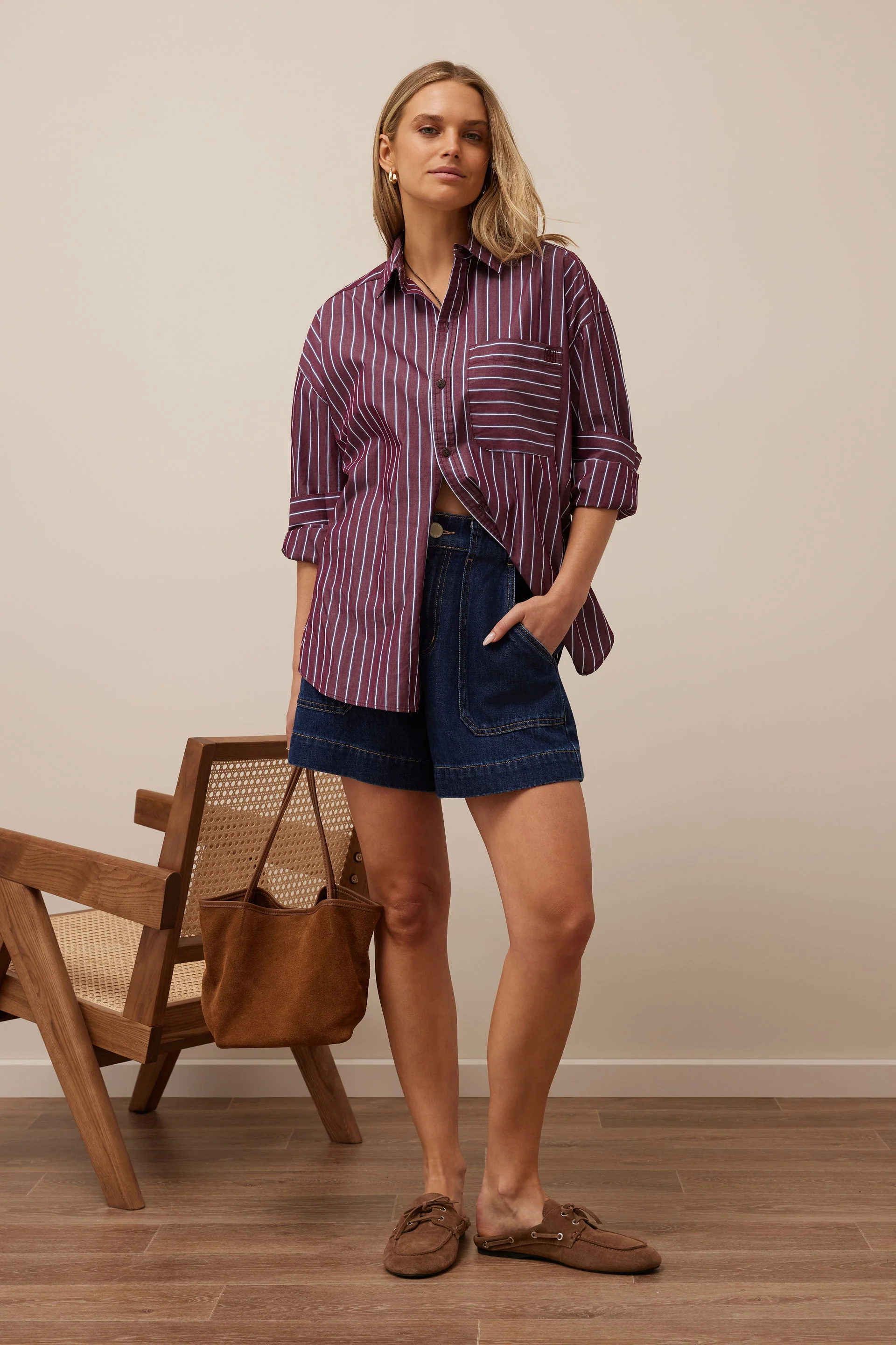 Ceres Life - Peta Oversized Shirt - Burgundy Washed Navy Stripe - Image 3
