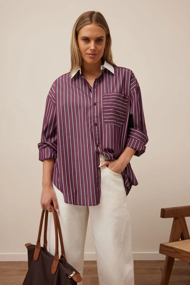 Ceres Life - Peta Oversized Shirt - burgundy washed navy stripe white collar