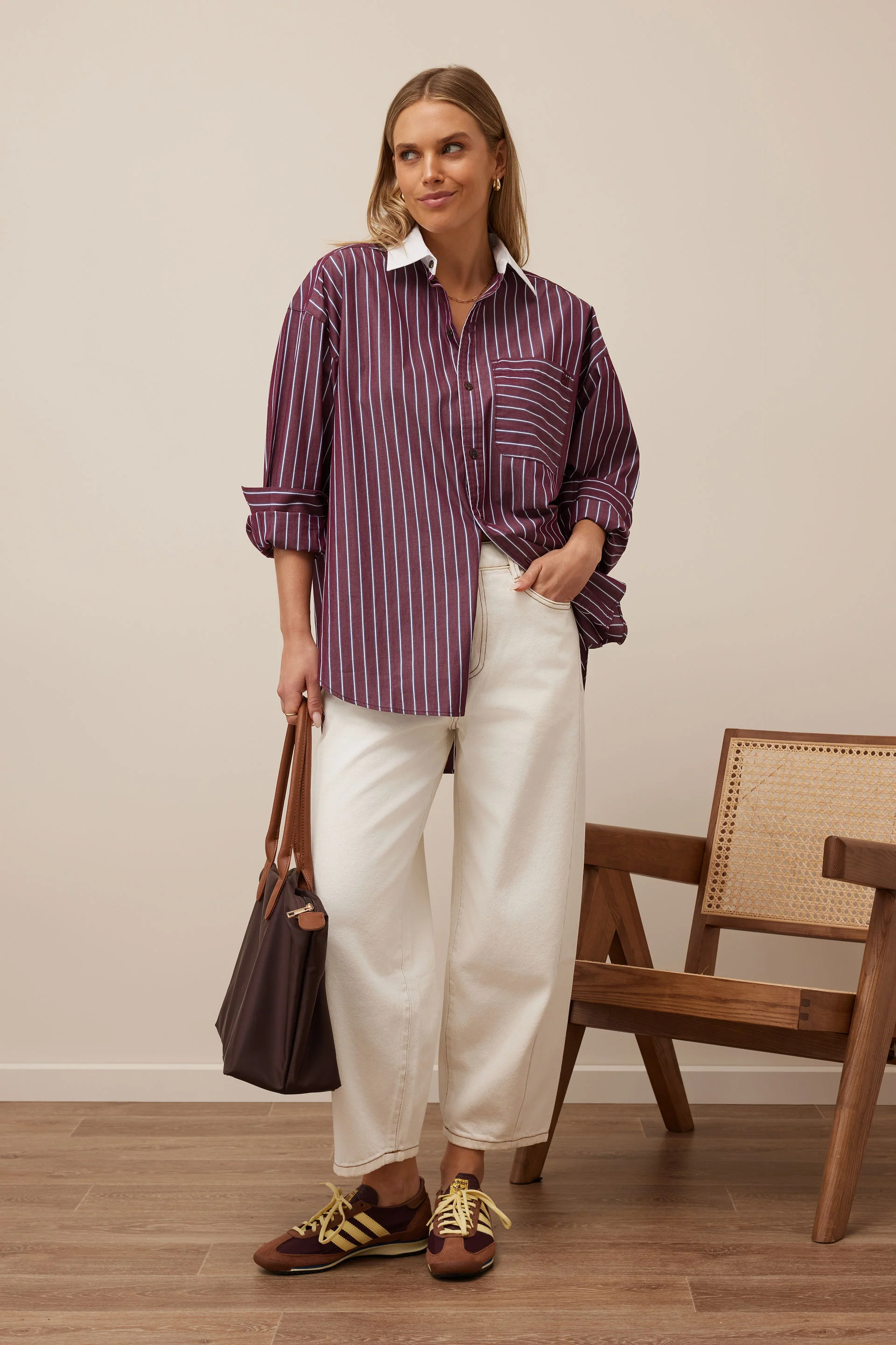 Ceres Life - Peta Oversized Shirt - burgundy washed navy stripe white collar - Image 2