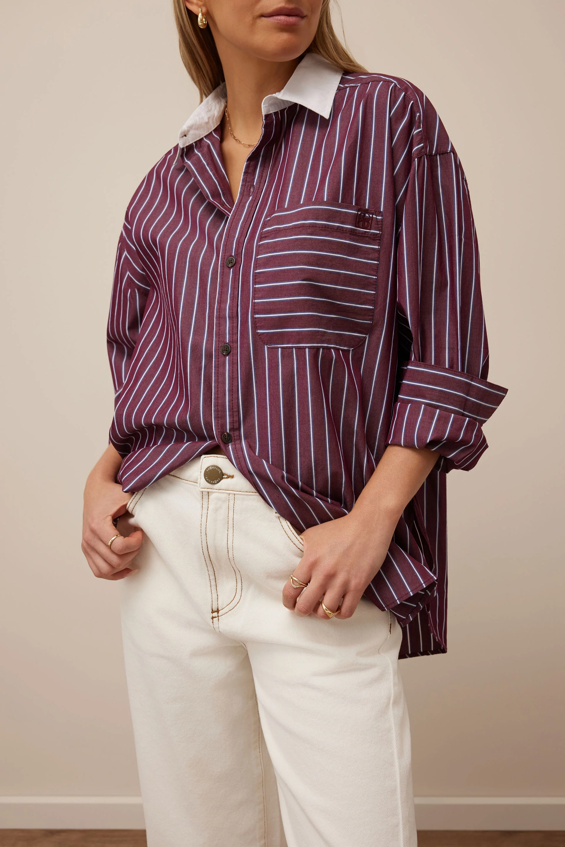 Ceres Life - Peta Oversized Shirt - burgundy washed navy stripe white collar - Image 3