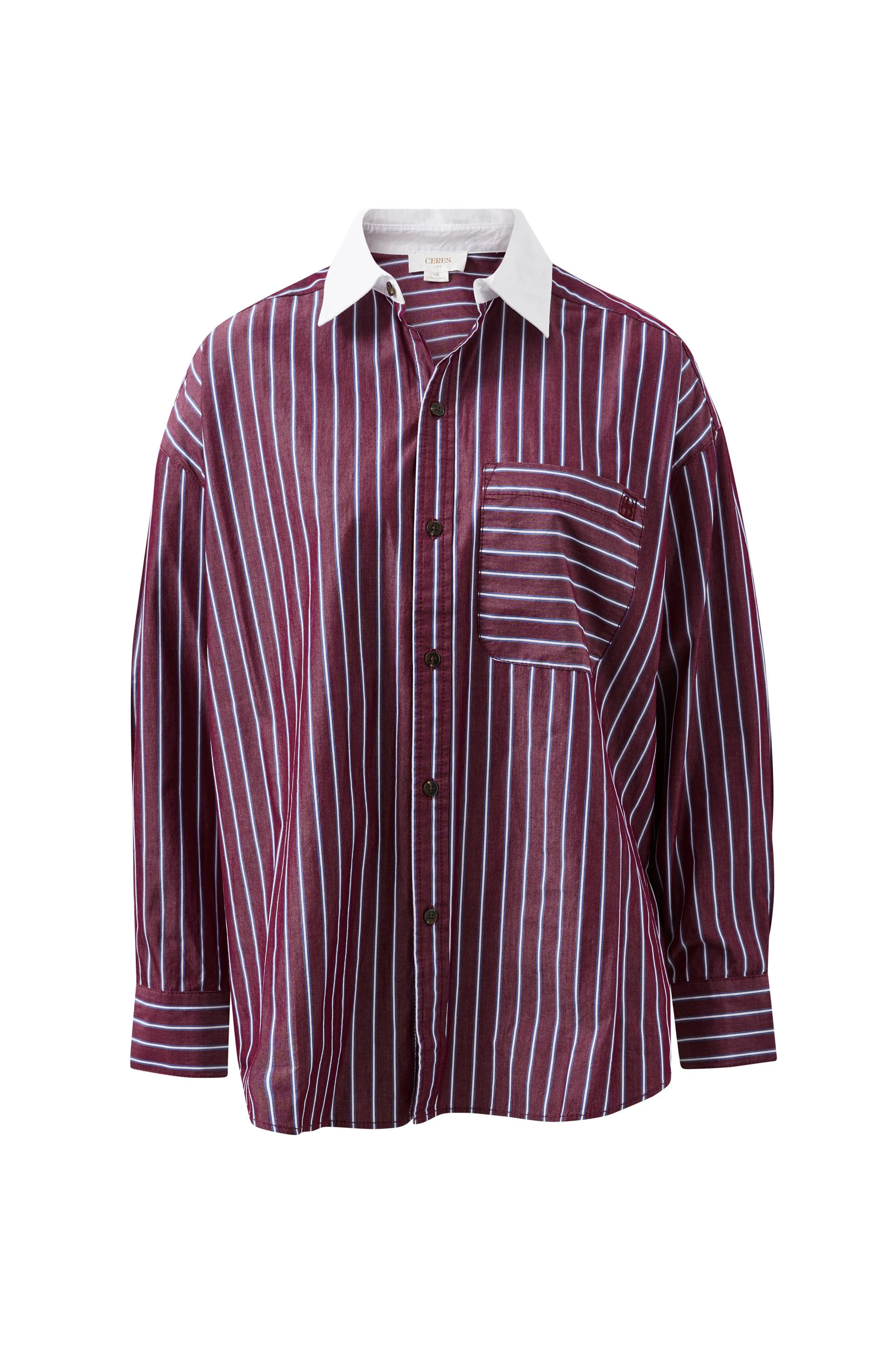 Ceres Life - Peta Oversized Shirt - burgundy washed navy stripe white collar - Image 4