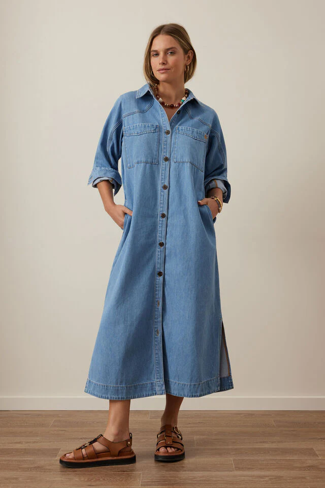 Ceres Life - Rae Long Sleeve Midi Dress - New Vintage Blue