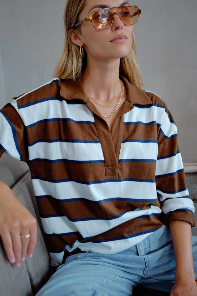 Ceres Life - Shelby Slouchy Rugby Top - Toffee/White/Heritage Navy - Image 4