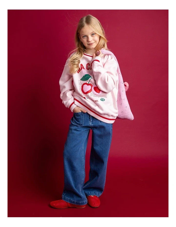 Eve Girl - Cherry Hearts Crew - Pale Pink - Kids Size 3-7