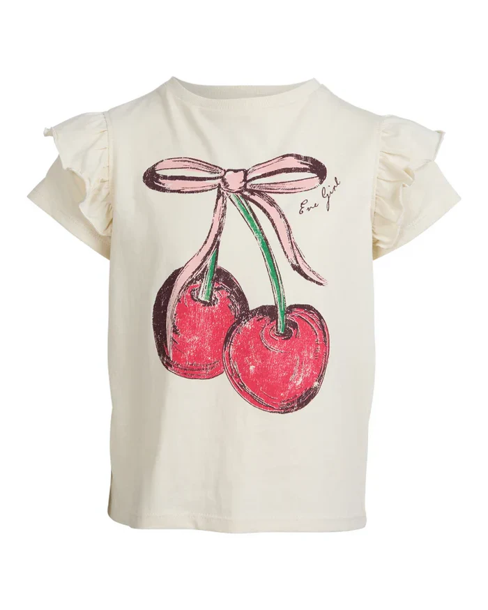 Eve Girl - Chloe Cherry Frill Tee - Vintage White - Kids Size 3-7