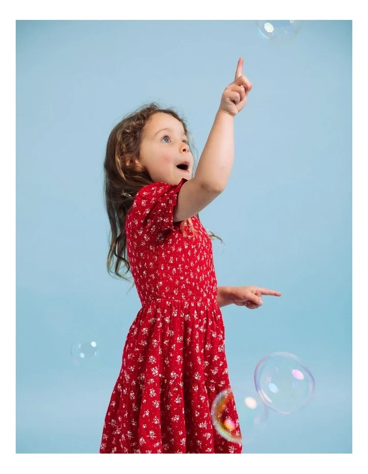Eve Girl - Poppy Shirred Dress - Red - Kids Size 3-7 - Image 3