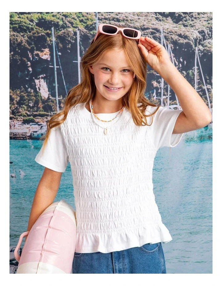 Eve Girl - Zara Shirred Tee - White - Kids Size 8-14