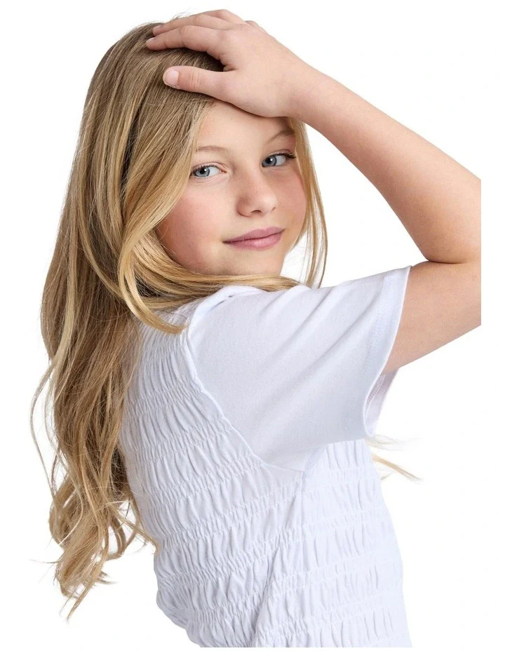 Eve Girl - Zara Shirred Tee - White - Kids Size 8-14 - Image 4